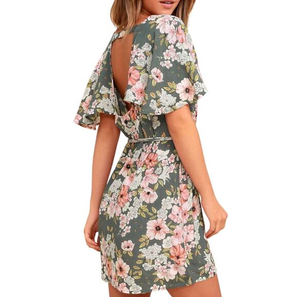 Billabong Sage Green Floral Fine Flutter Mini Dress Size Large - Picture 10 of 14